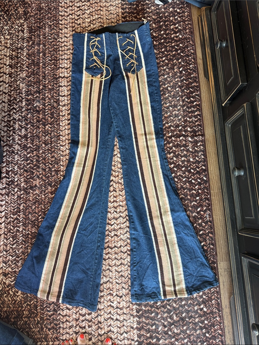Women's Blue Flare Jeans with Tan Stripe Detail 1970s vintage